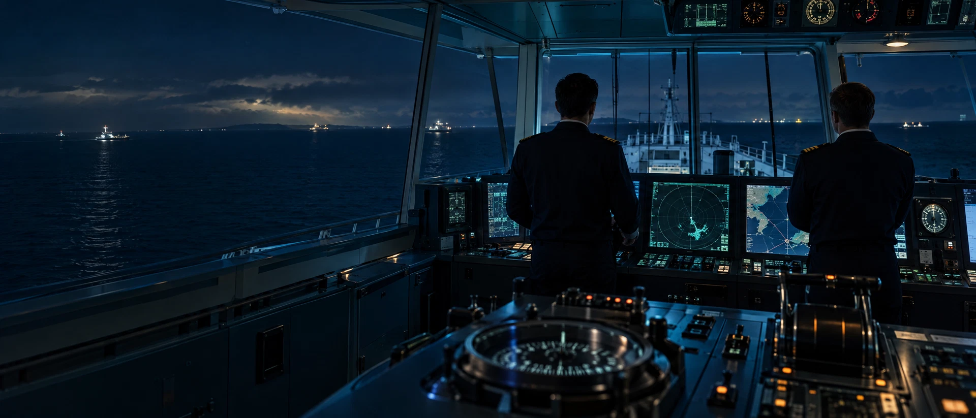 Officers standing at the navigation and radar console of a ship at night
