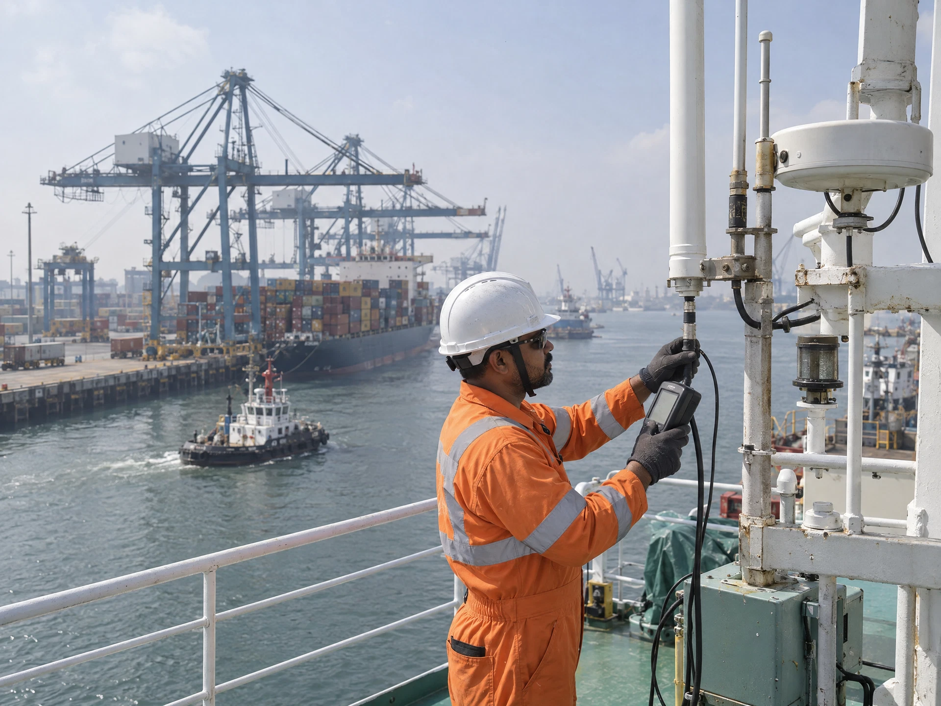 Elektronik Lab technician servicing a mast-mounted GMDSS antenna on a vessel berthed in an Indian port
