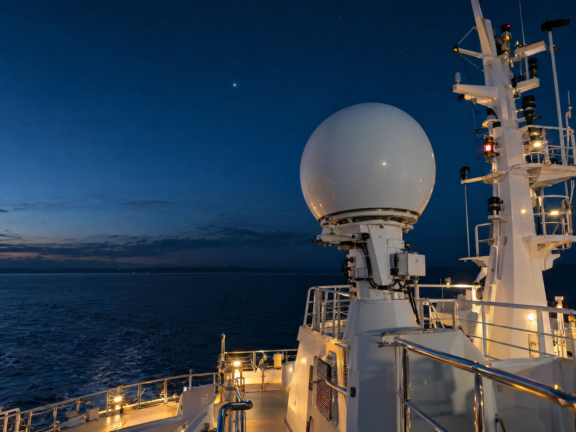 White radome and stabilised VSAT antenna mounted on the superstructure of a vessel at dusk