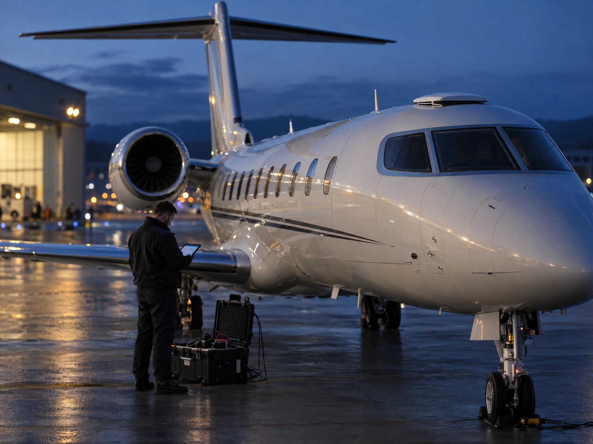 Business jet on an apron with a satellite communications antenna on the fuselage at dusk
